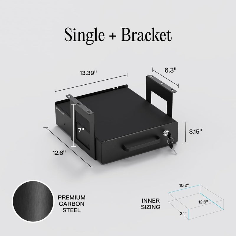 COREMINDED Under Desk Drawer Slide-Out – Lockable Metal Storage Drawer with Cable Management for Office & Home (Single, Bracketed) - Image 2